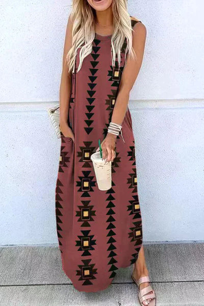 Maxivestido de punto con bolsillos Celina Geometric Hippie Print