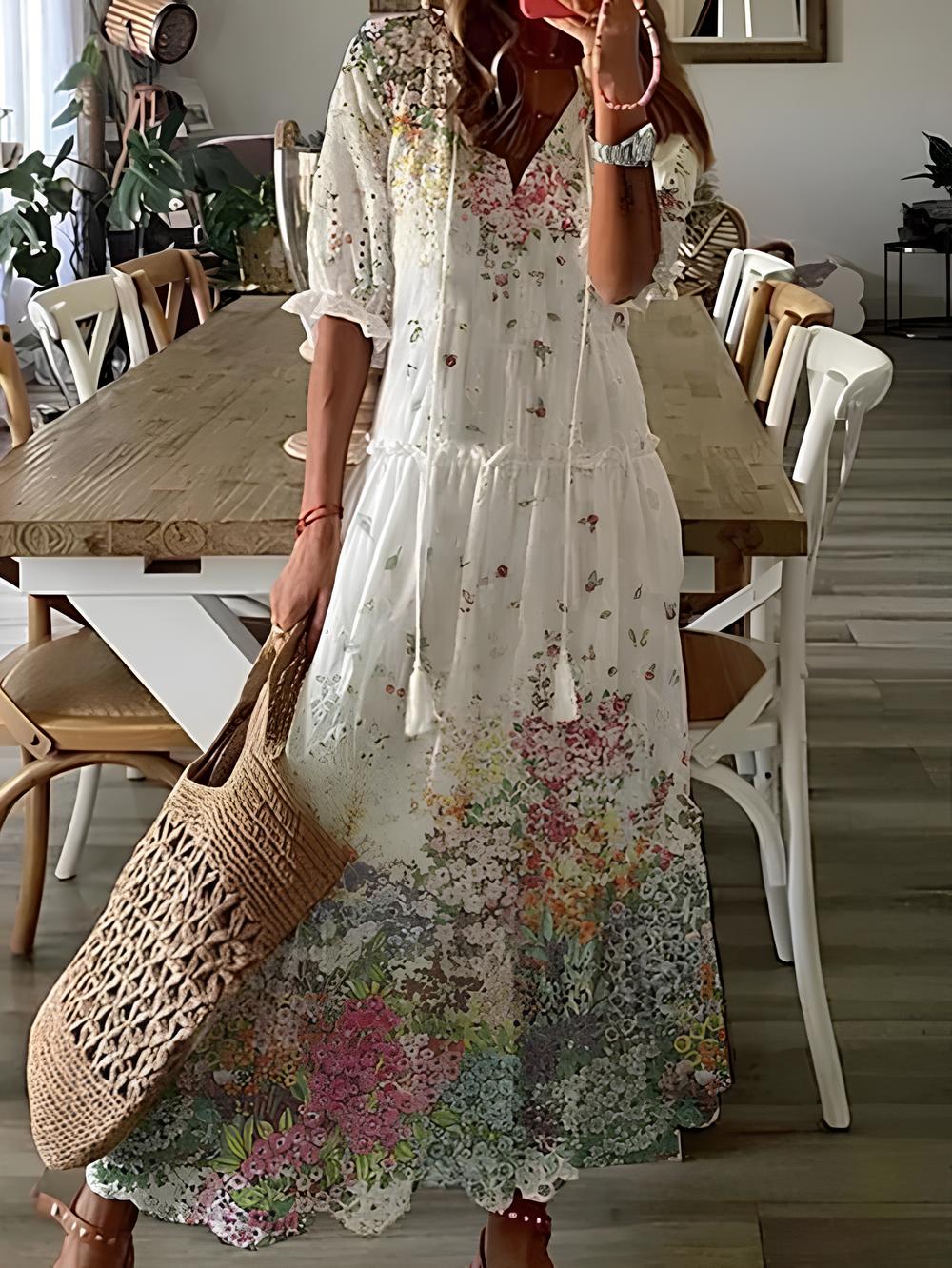 Vestido Largo De Manga Larga Con Estampado De Volantes Para Mujer