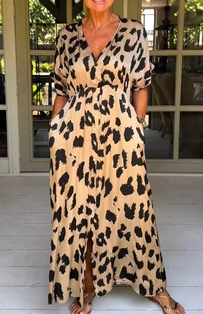 Maxivestido de leopardo salvaje con cuello en V